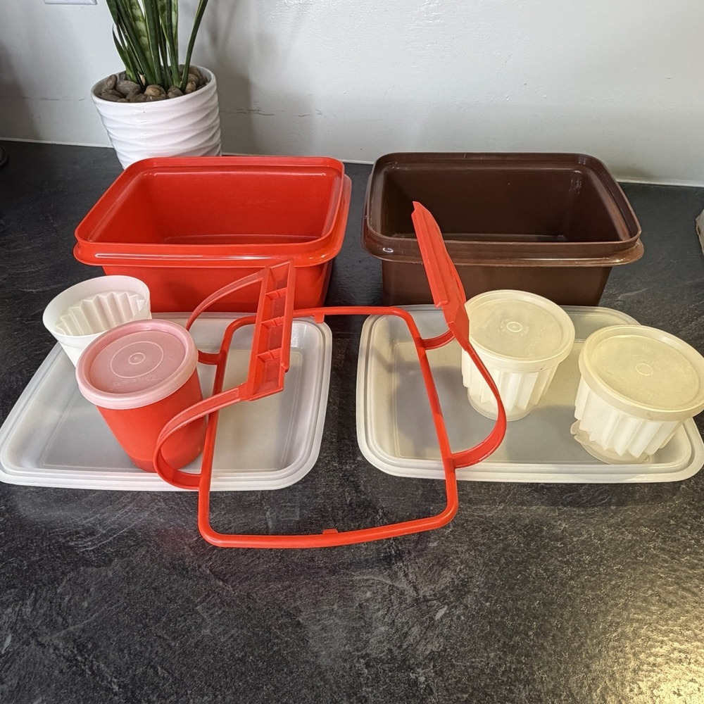 Vintage Tupperware Pack N Carry Red, Brown & Clear Lunch Box W Handle 1254